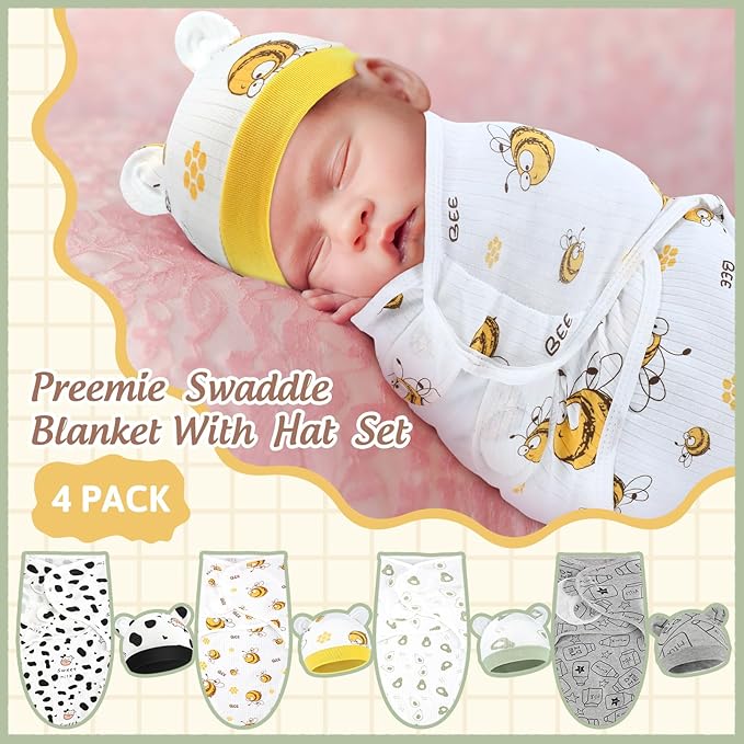 Buryeah 4 Pack Preemie Swaddle Blanket Wrap Set with Hat for Baby Boys Girls 3-7 Lbs Preemie Newborn Clothes Sleepers Cap