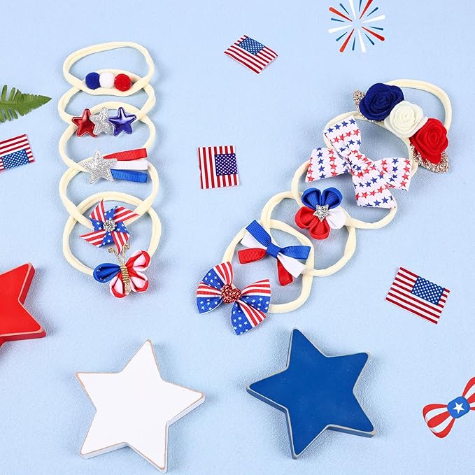 4th of July Baby Girl Bows, 10pcs America Flag Elastic Nylon Baby Headbands