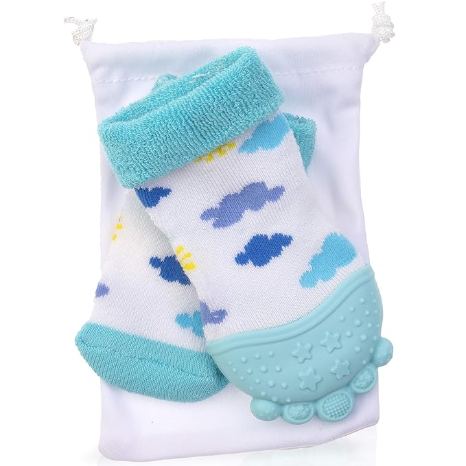 Nuby Soothing Teether Sock, Sky Blue Clouds 5"