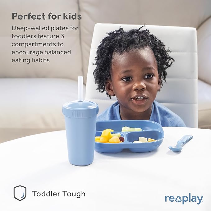 Re-Play Made in USA 7" Deep Walled Divided Plates for Kids, Set of 3 With 3 Lids - Reusable 3 Compartment Plates, Dishwasher and Microwave Safe - 7.37" x 7.37" x 1.25", Butterfly
