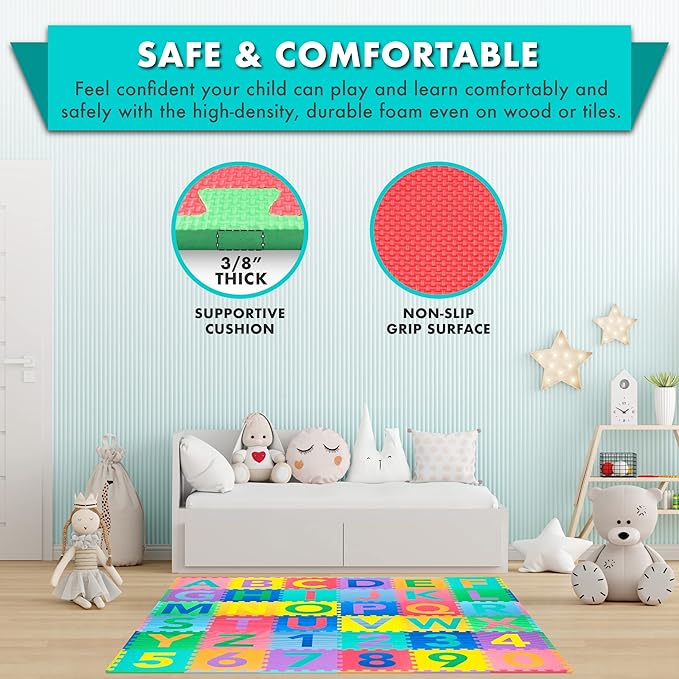 ProSource Kids Puzzle Alphabet, Numbers 36 Tiles 12" by 12",Abc & 123
