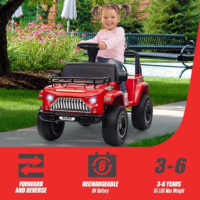 Hetoy 6V Ride On Car for Toddlers - Battery Powered Electric Car for Kids with Music, LED Light 4 Wheels 3-6 Years,