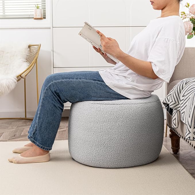 Round Pouf Ottoman 20 x 20 x 14 Inches Boho Poof Home Decor Floor Pouffe Ottoman Foot Rest for Couch Sofa Bean Bag Ottoman Chairs Living Room Bedroom Quiet Grey