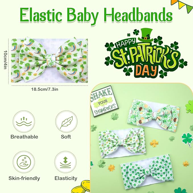 St. Patrick's Day Handmade Elastic Headbands, 3PCS Shamrock Printed Bows