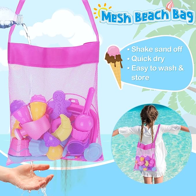Ice Cream Beach Toys Sand Toys Set for Kids, Collapsible Sand Bucket and Shovels Set with Mesh Bag