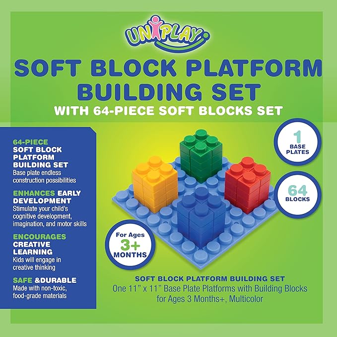 UNiPLAY Platform Soft Building Blocks — Educational Sensory Stacking Blocks, 11 x 11 Inch 3 Months (64-Piece Set)