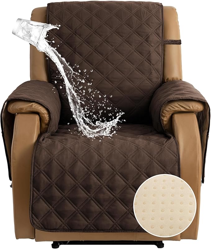 TOMORO Non-Slip Quilted Recliner Cover, 100% Waterproof Recliner Chair Slipcover Furniture Protector with Pockets, Washable Couch Cover with Elastic Straps for Kids and Pets,23 Inch