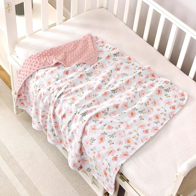 DaysU Silky Micro Soft Plush Baby Blankets for Girls with Print Floral Pattern and Soothing Raised Dots, Double Layer Bed Throws for Baby Crib 30x40 Inches