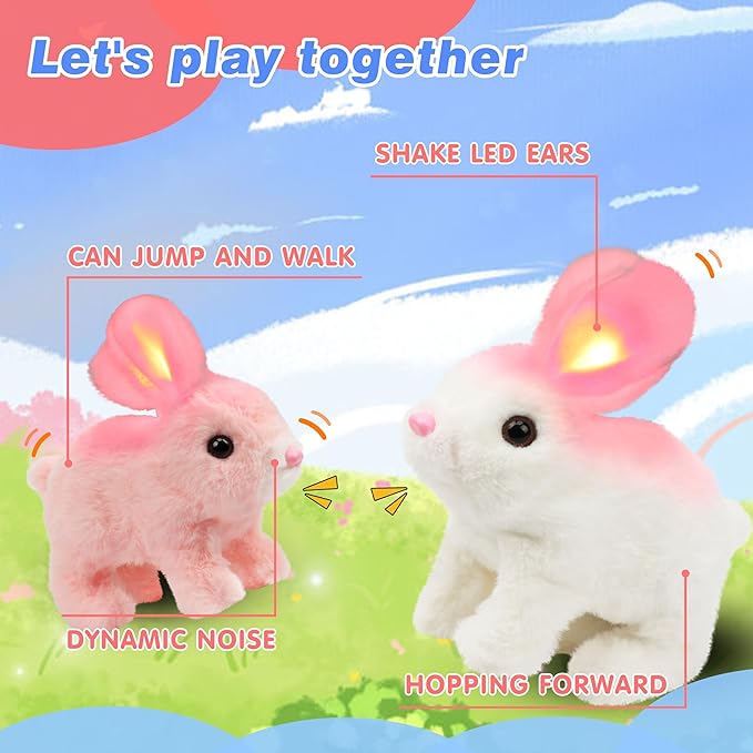 Hopearl Hopping Rabbit with LED Ears Interactive Electronic Pet Plush Bunny Toy with Sounds and Movements Animated Walking Wiggle Light up Ears Twitch Nose Gifts for Toddlers Birthday, Pink 7''