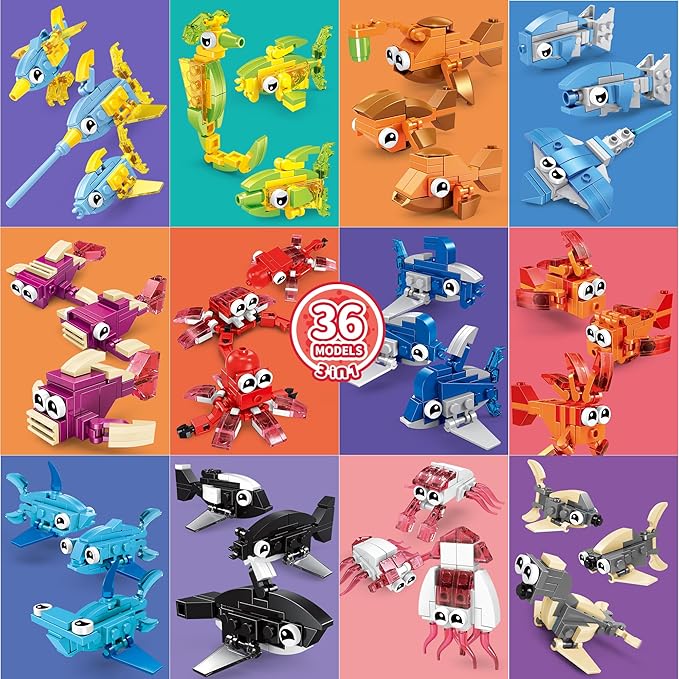 Party Favors for Kids, 12 Pack 36 Kinds of Animals Building Block Toy Stocking Stuffer Classroom Prize Goodie Bags Easter Gift Building Set 6-12+