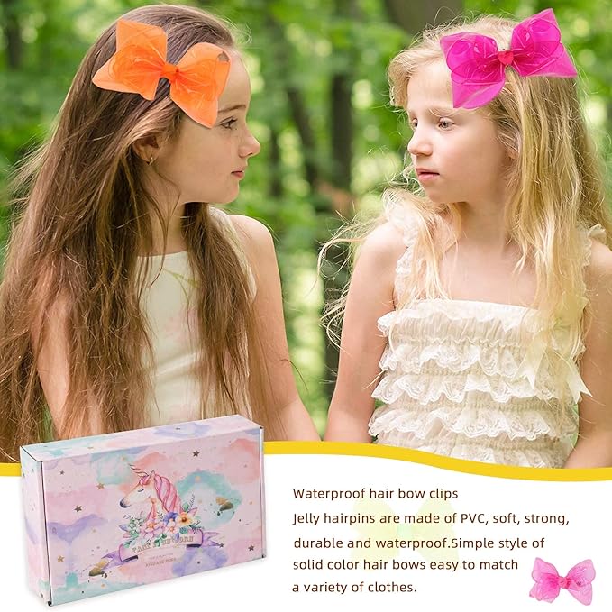 Waterproof Jelly Hair Bows, Multi-colored PVC Summer Swim Pool Bow Clips Transparent Hair Accessories for Girls Toddler Infants Kids Teens Children (Swim Pool Bows 4inch)