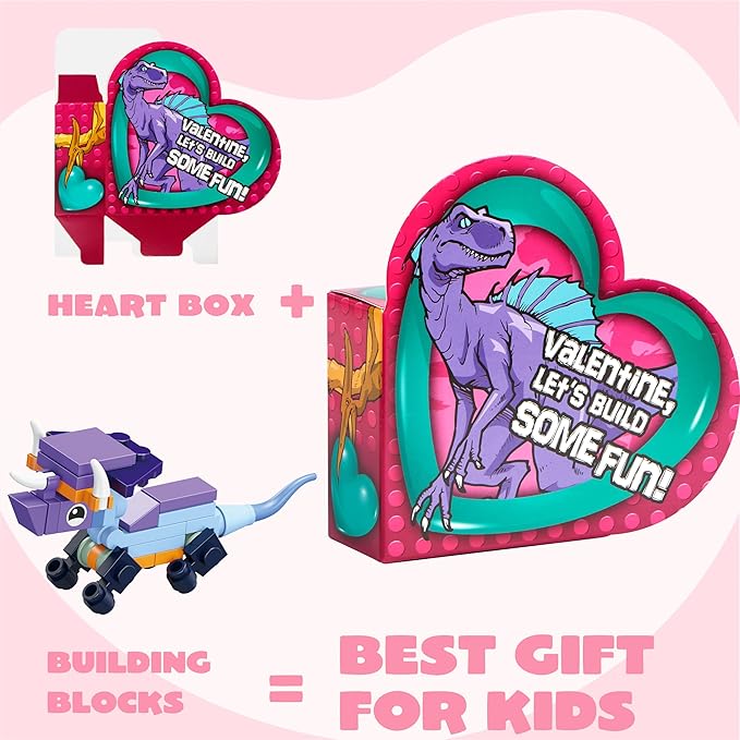 JOYIN 12 Packs Valentines Party Favors Dinosaur Building Blocks Toys with Heart Boxes for Valentine Kids Classroom Exchange, Prize Supplies, Valentine’s Gifts Exchange School Rewards