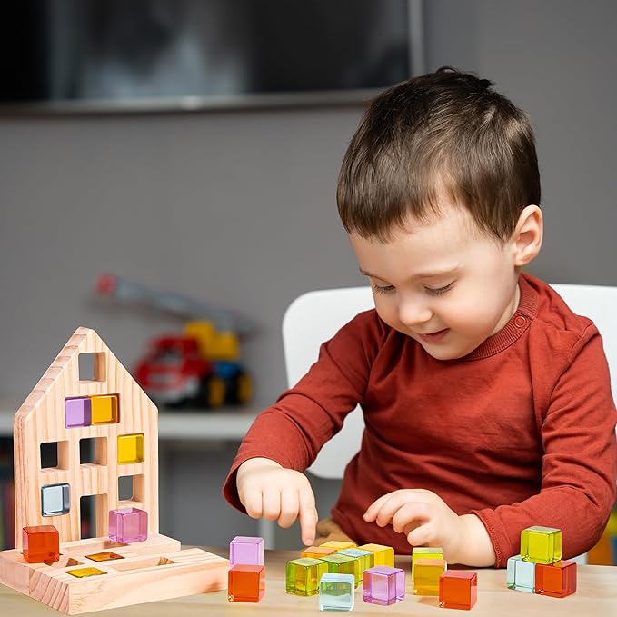 Wooden Building Blocks Set for Kids, 24 PCS Rainbow Gem Cubes Stacking Blocks - 2 Wood House 3-6