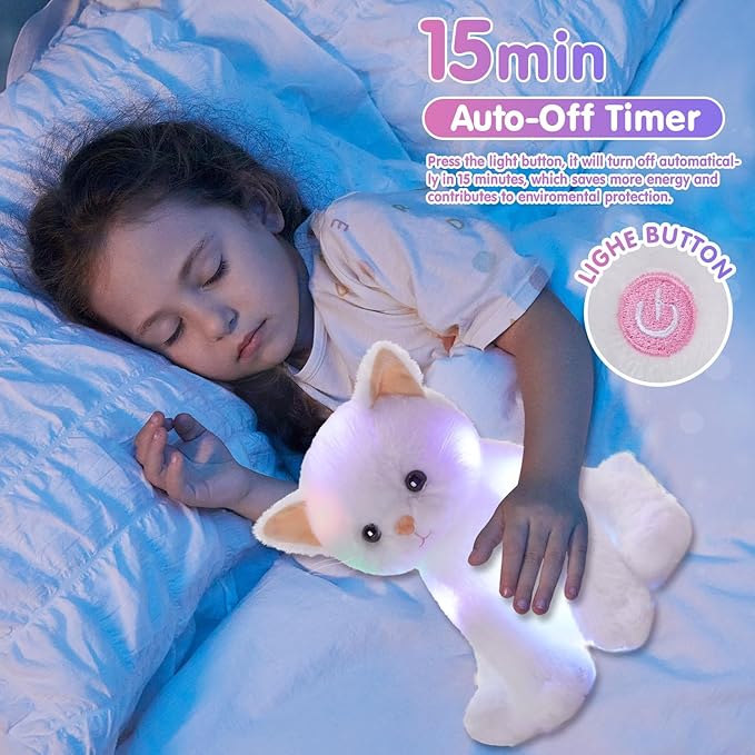 Houwsbaby Light up Cat Stuffed Animal LED Glowing Kitty Plush Toy Floppy Kitten Toy Night Lights Birthday Presents for Kids Toddler Girls, White 12''