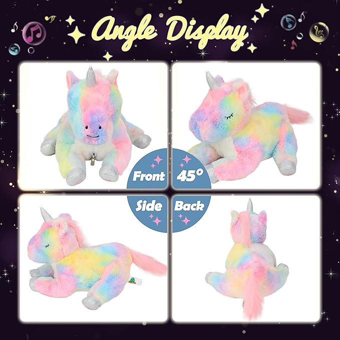 Hopearl LED Musical Stuffed Unicorn Playset Lighting Up Singing Plush Toy Mommy Unicorn with 3 Baby Unicorns in her Tummy Lullaby Animated Soothe for Mom Toddlers Girls, Rainbow 19''