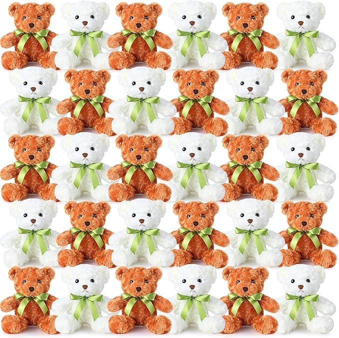 Hungdao 30 Pcs Bear Bulk Plush Stuffed Animals 10 Inch Cute Soft Plush Bears Toys with Ribbon Shaggy Bear for Boys Girls Birthday Baby Shower Decor DIY Gift, White