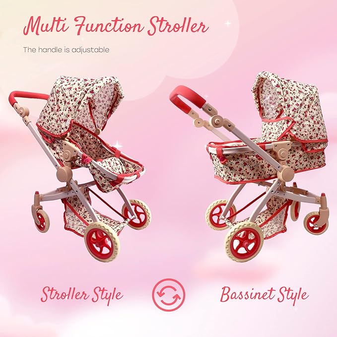 Convertible Combo Baby Doll Stroller for 3 Year Old Girls & Up | Play Toy Baby Stroller for Dolls, Folding Adjustable Bassinet Carriage Buggy with Storage Basket Converts to Sit Up Pushcart Pram