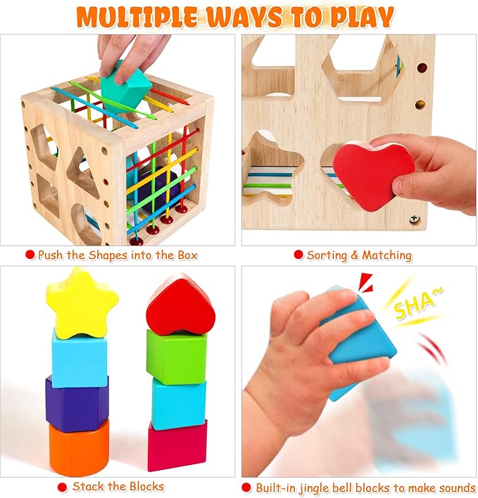 HELLOWOOD Montessori Toys for 1+ Year Old, Wooden Sorter Cube with 8pcs Rattling Shapes