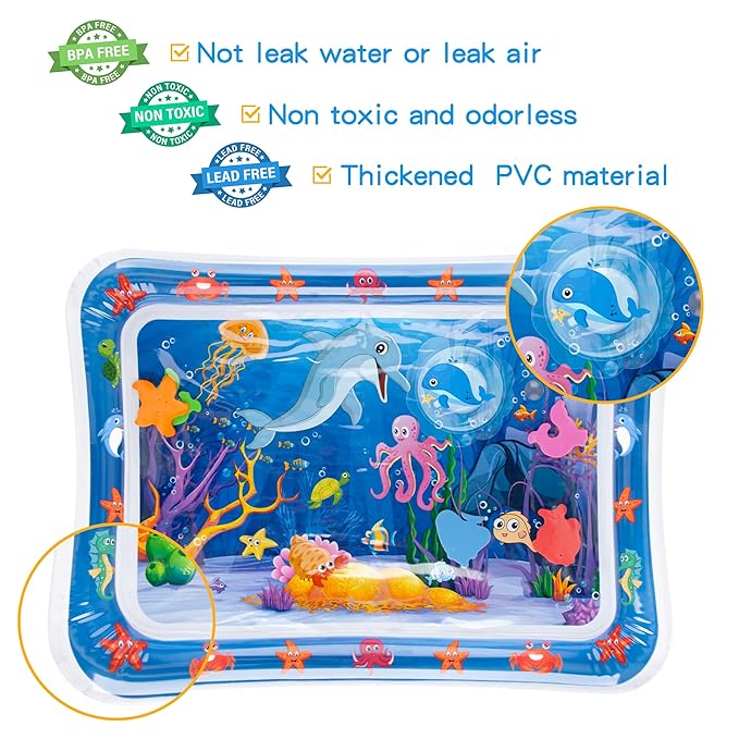 Tummy Time Water Mat with Squeakers, Baby Toys for Infants and Toddlers 3 6 9 Months