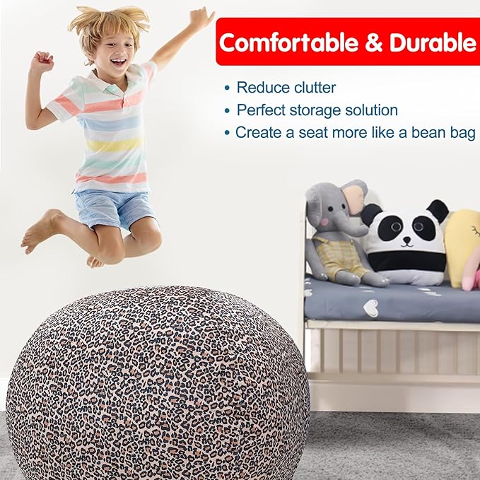 Lukeight Stuffed Animal Storage Bean Bag Chair Cover for Kids, Zipper Beanbag Chair Cover for Organizing Toddler and Kids' Rooms Plush Toys (Leopard Velvet, XX-Large)