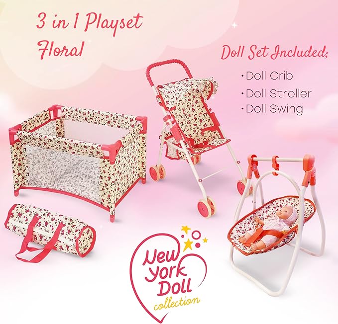 Baby Doll Accessories Set - 3-1 Baby Doll Furniture Set with Baby Doll Stroller, Baby Doll Crib 18” Doll 18" Dolls