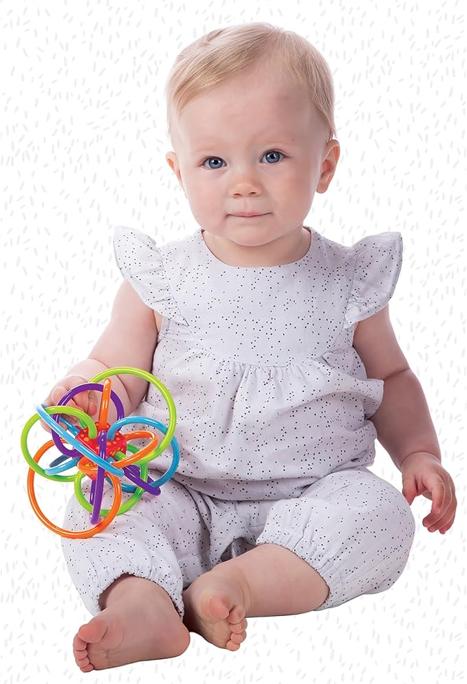Manhattan Toy Winkel Rattle & Sensory Teether Toy, Blue/Green/Orange 5 Inch 4 Inch 3.5 Inch