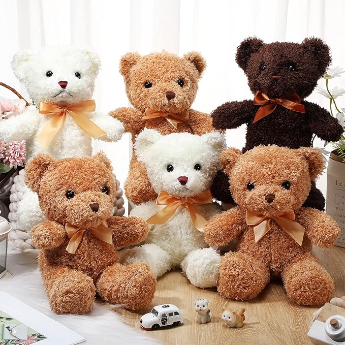 HyDren 12 Pcs Bear Stuffed Animal 12 Inch Bulk Soft Plush Bear Toys with Ribbon Bow Ties Fluffy Bears for Birthday Gift Baby Shower Graduation Wedding Party Favors(Light Brown, Dark Brown