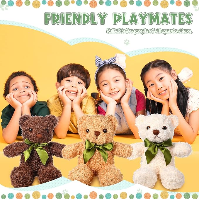 HyDren 15 Pieces Plush Stuffed Bears, 10 Inch Cute Soft Stuffed Bear Toy with Bow Tie for Graduation Baby Shower Christmas Birthday Party Gift Favors (Golden