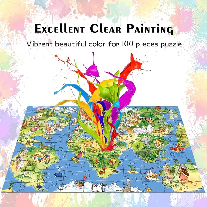 HUADADA Jigsaw Puzzles for Kids 100 Pieces, World Map Floor Toys Montessori Games Learning Education Activities Birthday Gifts for Toddlers Boys Girls Ages 5 6 7 8+ Years Old (15"x10") 1:1 Poster