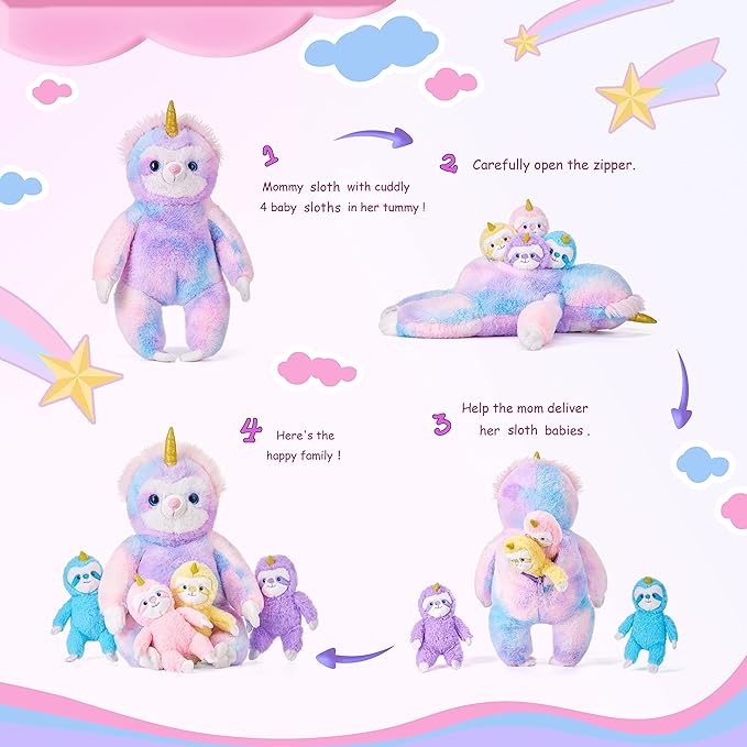 IKASA Mommy Sloth Stuffed Animal Mom and Baby Plush Toy,Cute 20" Soft Small Fluffy Mama Family Set Toy with Little Mini Babies