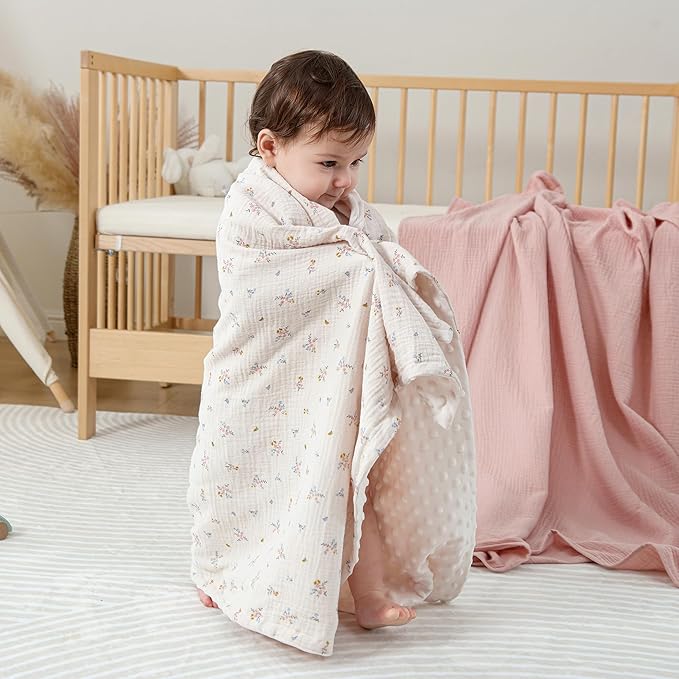 DaysU Baby Blankets for Girls with Muslin Cotton Front and Dotted Fleece Back, Silky Micro Super Soft Plush Newborn Baby Blankets Unisex 30x40 inches
