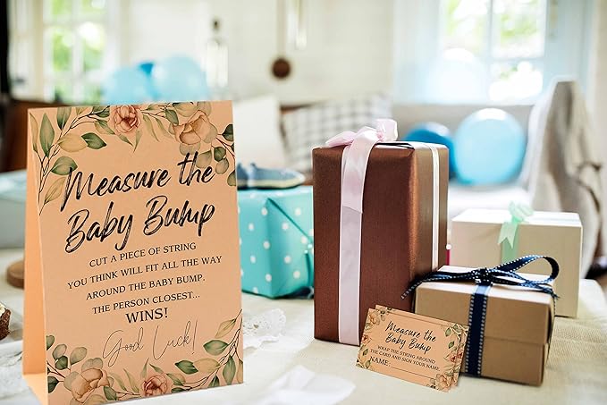 1 Measure the Baby Bump Kraft Sign & 50 Guessing Cards Set, Gender Neutral Baby Shower Games/083KF
