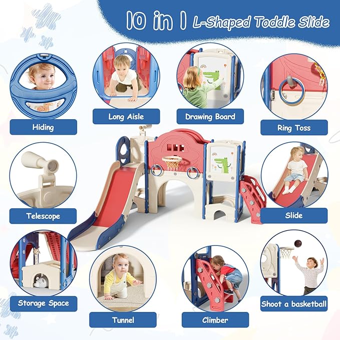 10 in 1 Toddler Slide for Toddlers Age 1-3, Extra-Long Slide with Basketball Hoop Indoor and Outdoor Baby Climber Playset Playground Freestanding Slide (Large