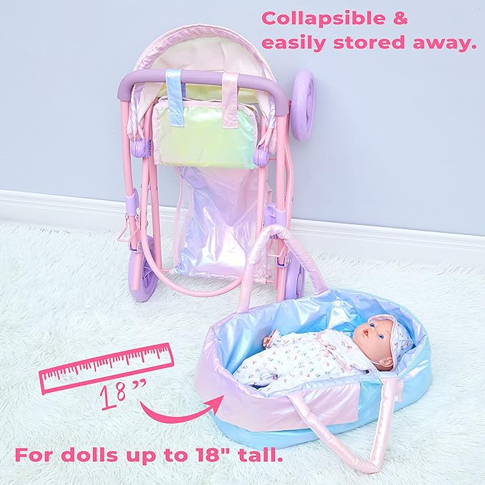 Olivia’s Little World - Baby Doll Bassinet Stroller, Baby Doll Pram Stroller Buggy for 3 Year Old Girls Toddlers 2 in 1 Deluxe 16" Dolls,
