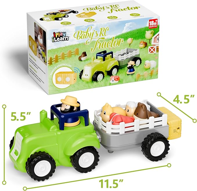 iPlay, iLearn Toddler Remote Control Farm Tractor Toy, Baby RC Trailer Truck Set, Music Pretend Farmer Animals Vehicle Playset W/Sound, Birthday Gifts for 18 24 Month 2 3 4 Year Old Kids Boys Girls