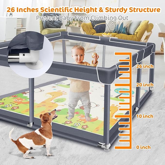 Suposeu Baby Playpen with Mat, Large Playpen for Babies and Toddlers, Play Yard for Indoor and Outdoor Use, Sturdy Safety Fence with Soft Breathable Mesh (71x59 Inches, Grey)