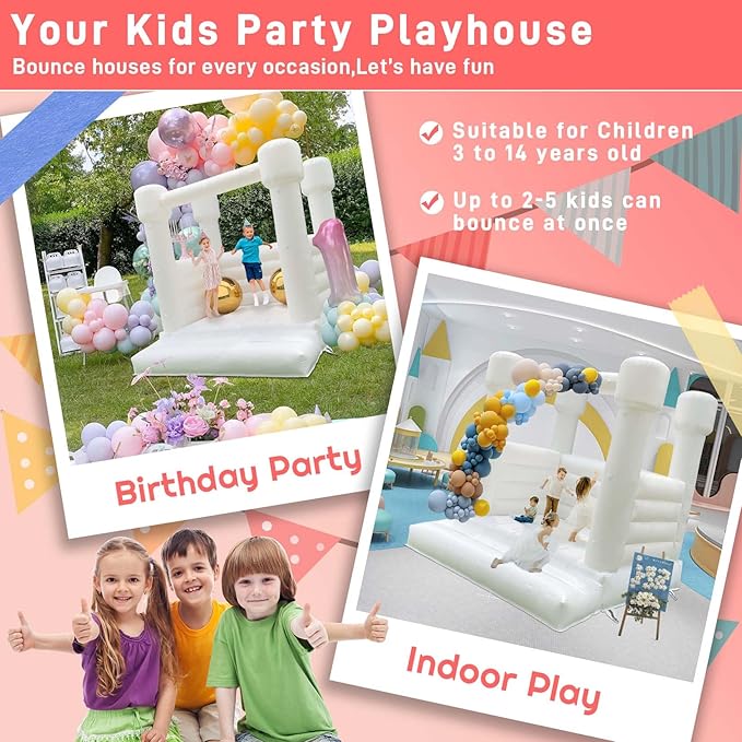 White Bounce House 8x8x8 FT Inflatable Indoor Bounce House 3-12,PVC White