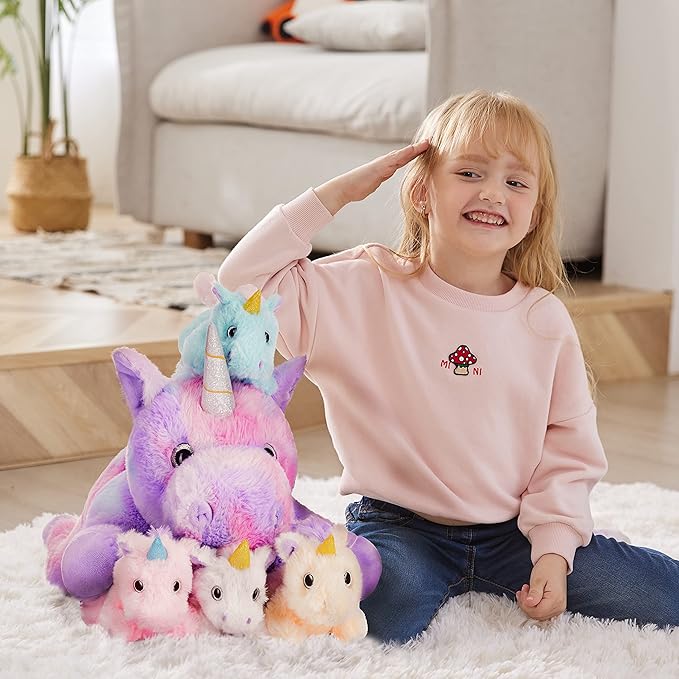 IKASA Mommy Unicorn Toys for Girls Age 4-6,Mom and Baby Stuffed Animal Plush Toy,Small Family Set Toy with Little Babies (Unicorn,18")
