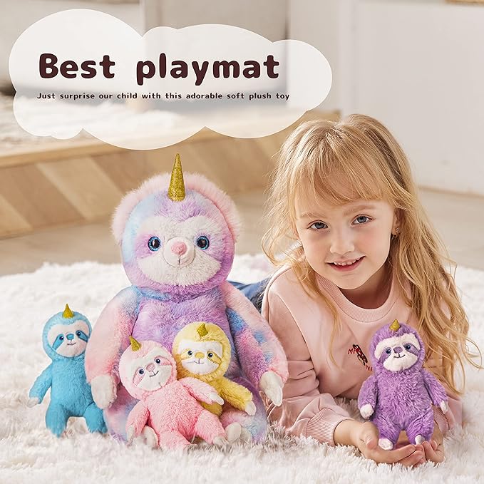 IKASA Mommy Sloth Stuffed Animal Mom and Baby Plush Toy,Cute 20" Soft Small Fluffy Mama Family Set Toy with Little Mini Babies