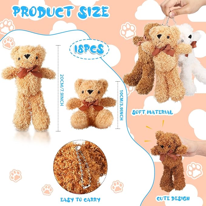 HyDren 18 Pack 8 Inch Bear Stuffed Animal Plush Bears Toys Bulk Soft Bear Doll for Christmas Wedding Birthday Decorations Baby Shower Party Favors(White, Light Brown