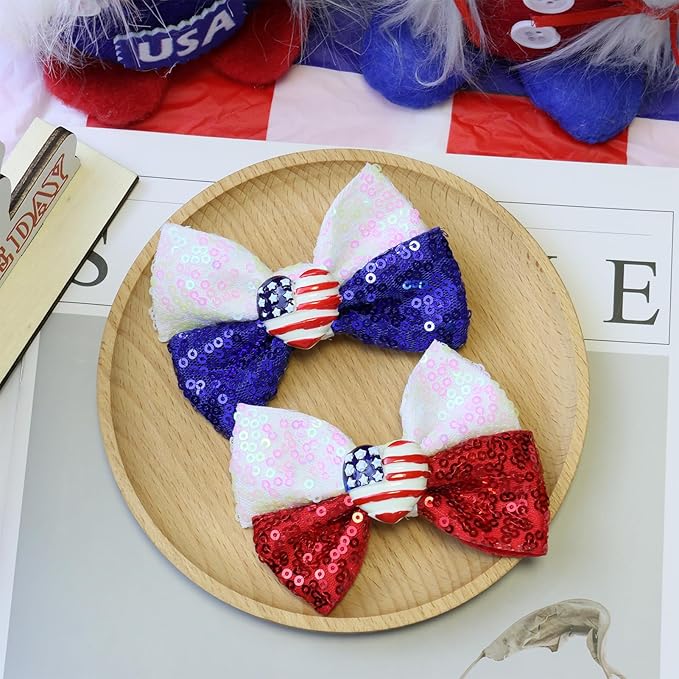 4th of July Baby Girls Hair Bows Clips Glitter Red 2Pcs