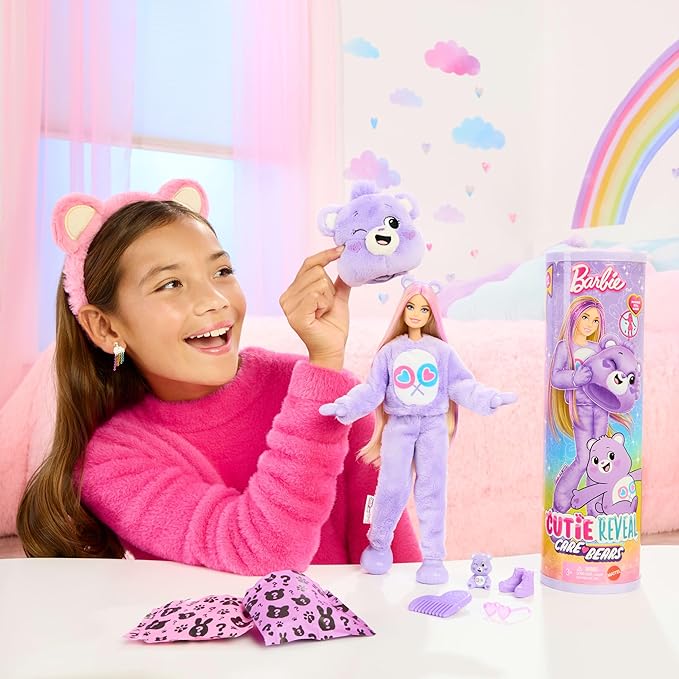 Barbie Cutie Reveal Doll & Accessories, Care Bears Series, Fashion Doll with Share Bear Plush Costume & 10 Surprises Including Color Change & Mini Bear