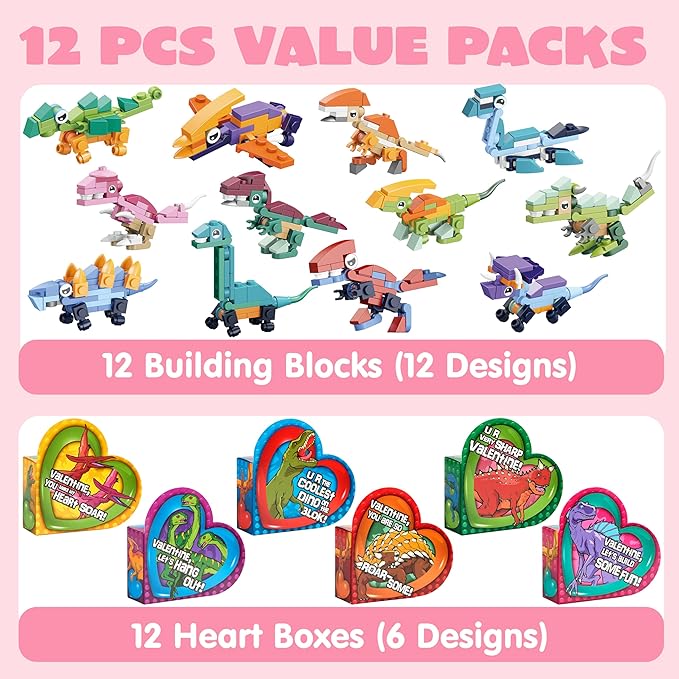 JOYIN 12 Packs Valentines Party Favors Dinosaur Building Blocks Toys with Heart Boxes for Valentine Kids Classroom Exchange, Prize Supplies, Valentine’s Gifts Exchange School Rewards