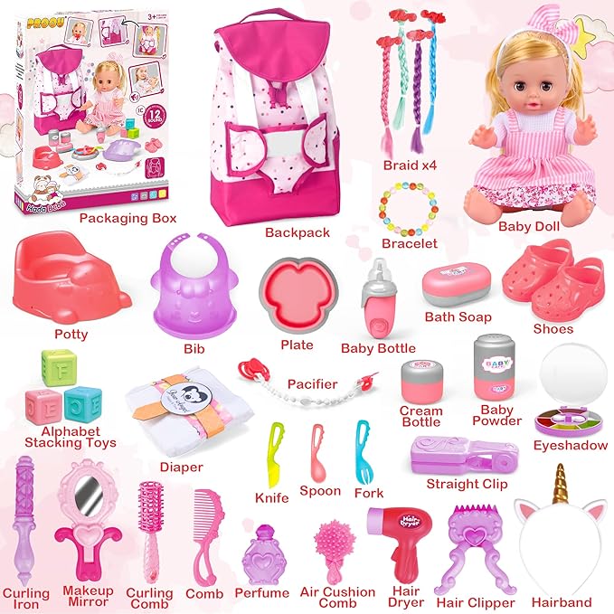 Baby Care & Hair Salon Doll Toy Set, 35PCS Doll Playset 14'' Baby 3 4 5 6+