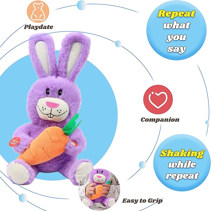 Hopearl Talking Singing Bunny Repeats What You Say Rabbit Musical Shaking Head Electric Interactive Animated Toy Speaking Plush Buddy Gifts for Toddlers, Purple 15''