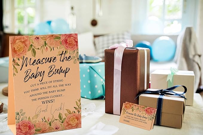 1 Measure the Baby Bump Kraft Sign & 50 Guessing Cards Set, Gender Neutral Baby Shower Games/076KF
