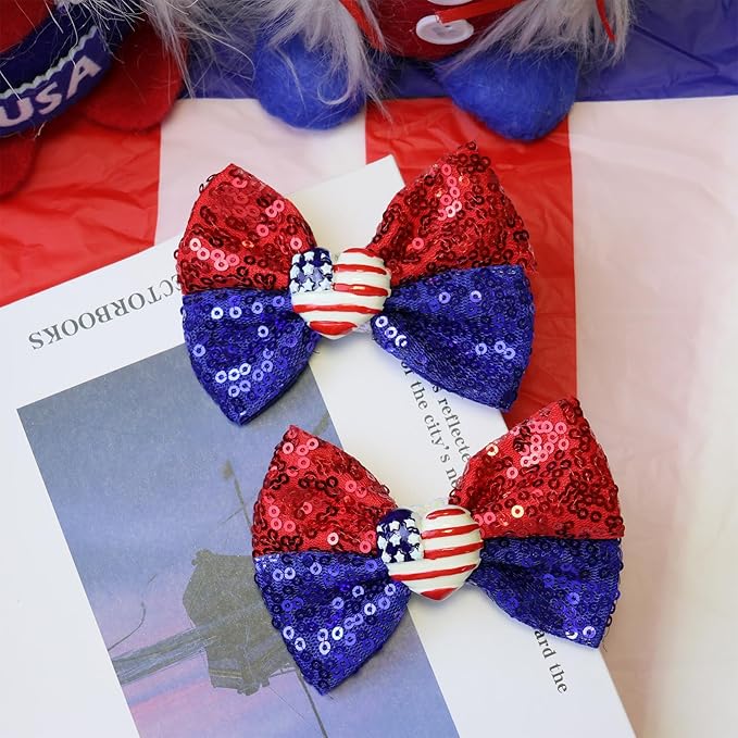 4th of July Sequins Hair Bows Clips Blue Glitter Alligator