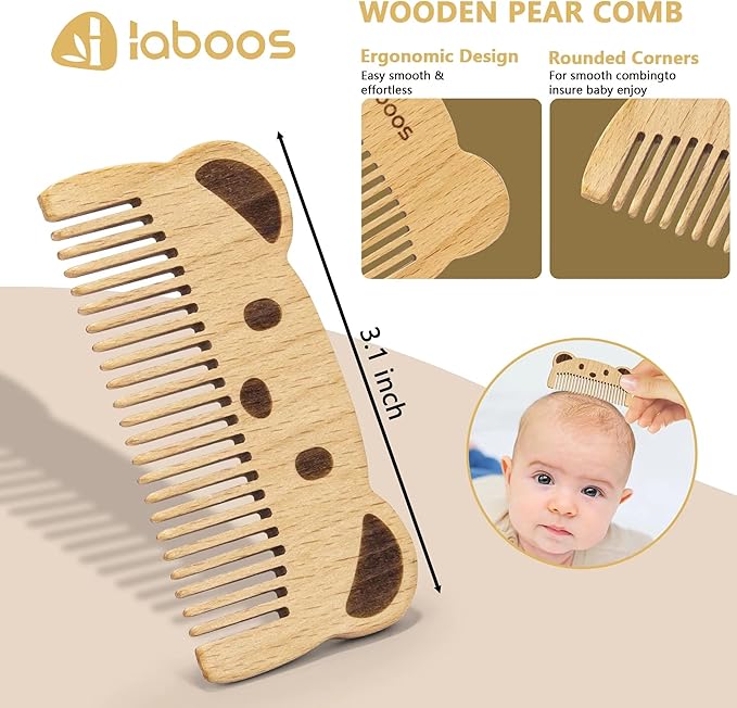 Baby Hair Brush and Comb Set for Newborns & Toddlers - Wooden Handle and Natural Soft Goat Bristles,Gentle Cradle Cap Care,Baby Massage and Scalp Brush,Ideal Baby Registry Gift,Beech with Cute Bear