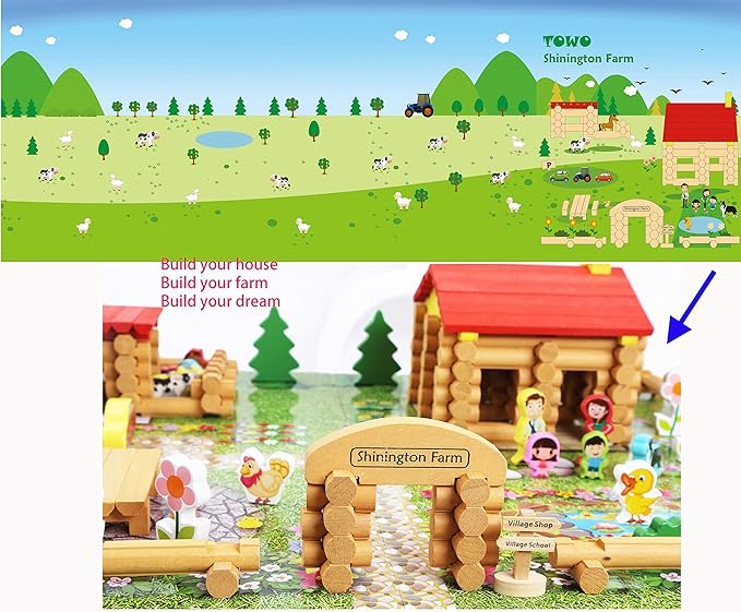 Wooden Logs Toys Farm Playset- Wooden Logs Building Set Farm 207 Pieces 3 4 5 6