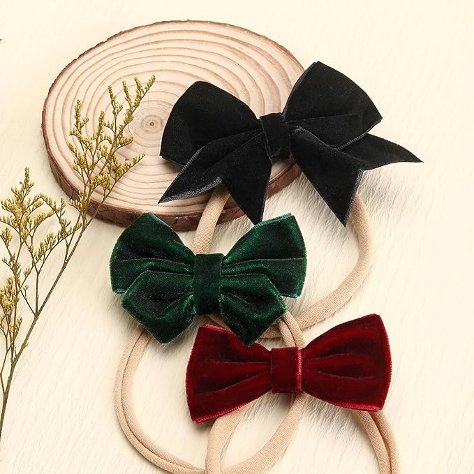 4" Velvet Baby Bows, 3pcs Elastic Nylon Headbands Handmade Newborn